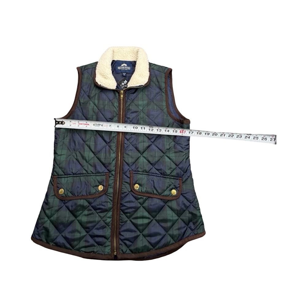 British Khaki Quilted Vest Womens Small Green Plaid Sherpa Collar Puffer V-28 - Picture 9 of 10